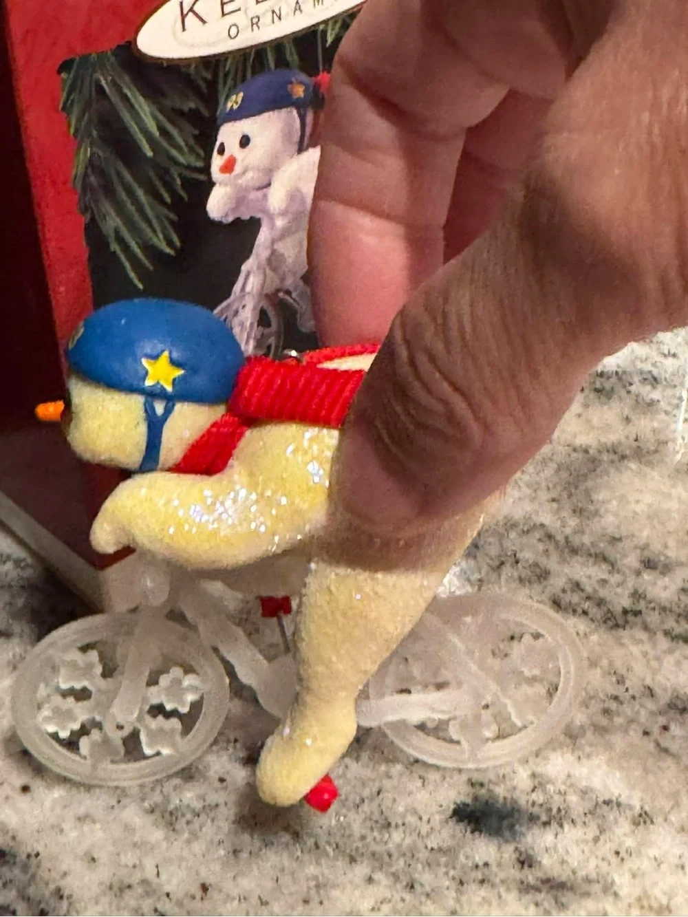 1993 vintage Hallmark White Polar Bear Ornament with Red Cape and Blue Helmet